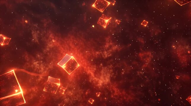 A 3D rendering of a glowing, fiery, triangular prism with sparks