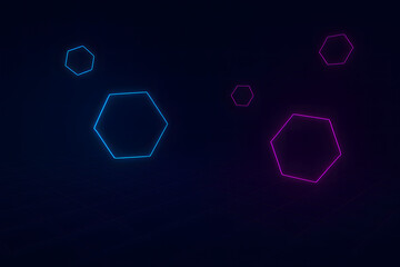 Floating Neon Hexagons in Digital Grid Space
Abstract 3D scene with glowing hexagons in pink and blue over a dark grid background. Futuristic and geometric.