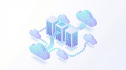 Cloud computing concept illustration, floating servers connected to cloud icons