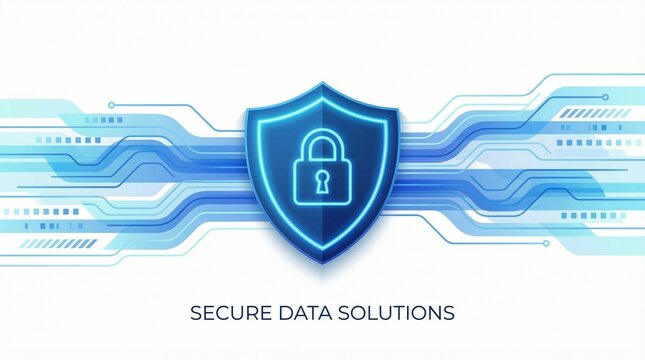 Cyber security shield protecting digital data, abstract lock and data streams, neon blue technology theme - Powered by Adobe