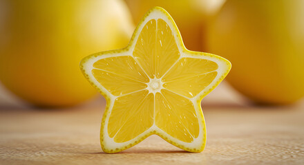Star-shaped lemon slice standing on wooden surface with blurred background, creative citrus fruit concept for summer freshness and surreal food art