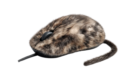 Furry computer mouse with animal skin texture and long tail, blending technology and nature on a transparent background