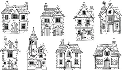 Fantasy house illustration, whimsical architecture, fairy tale buildings, medieval village style, black white drawing, detailed line art, storybook design, vector © MSTSHARMIN
