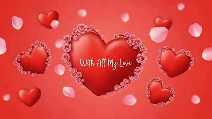With all my love text adorned by hearts and rose petals on a vibrant red background