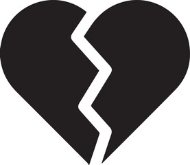 Broken heart black silhouette icon isolated on white background, symbol of heartbreak, divorce, and emotional pain.