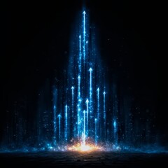 Futuristic cityscape with a large tree in the center. The tree is surrounded by a series of arrows pointing upwards