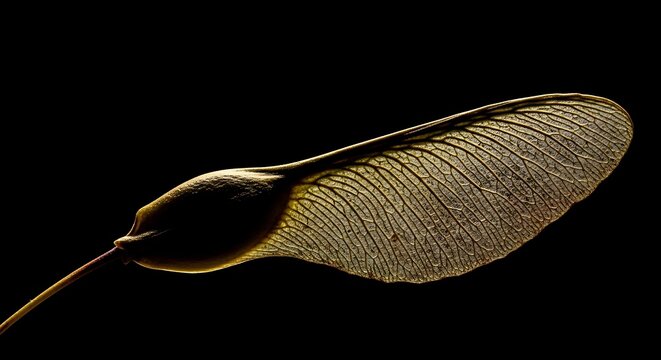 Winged seed shows intricate vein patterns against a dark background.