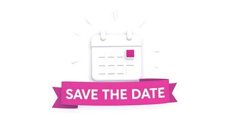 Modern vector illustration depicting a calendar icon with a prominently highlighted date and a vibrant 'SAVE THE DATE' ribbon banner, ideal for event announcements and important reminders