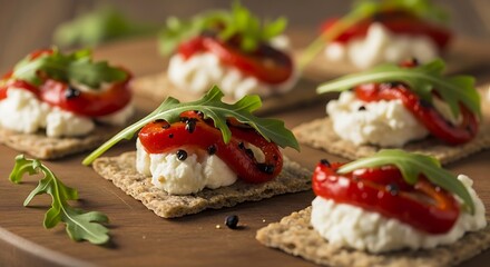 Creamy cheese spreads top crisp crackers with roasted red peppers and greens.