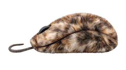 Unique computer peripheral mouse covered in brown and black patterned fur, providing a quirky and comfortable computing experience