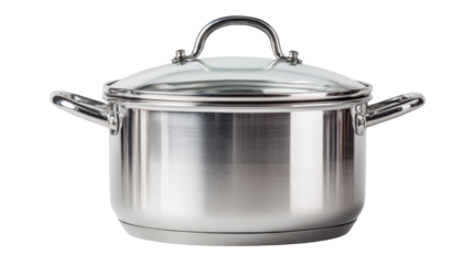 Stainless steel cooking pot with glass lid, essential kitchen cookware for preparing healthy meals, cut out