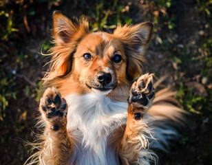 Adorable furry friend lying playfully on its back with paws in the air, expressing pure joy and contentment while looking directly into the camera lens with bright, engaging eyes