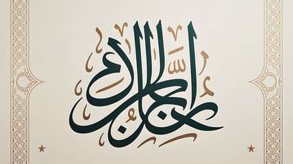 Arabic Calligraphy for Eid Al Adha featuring the phrase Allahu Akbar" in dark teal and gold on a cream background with ornamental borders and stars Keywords: arabic, calligraphy, eid, al, adha