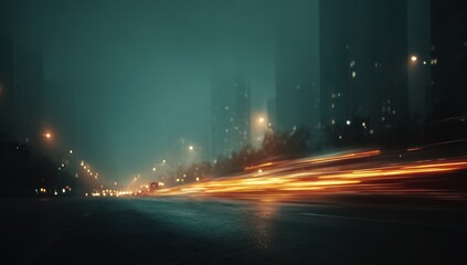 Blurry city street at night with lights from cars and buildings. Scene is mysterious and somewhat eerie