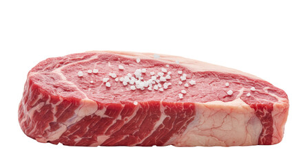 Raw prime beef steak with deep red muscle, white marbling, pink fat cap, coarse white rock salt, bright white studio background, copy space, concept of culinary excellence