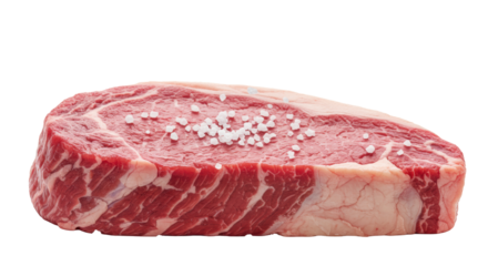 Raw prime beef steak with deep red muscle, white marbling, pink fat cap, coarse white rock salt, bright white studio background, copy space, concept of culinary excellence