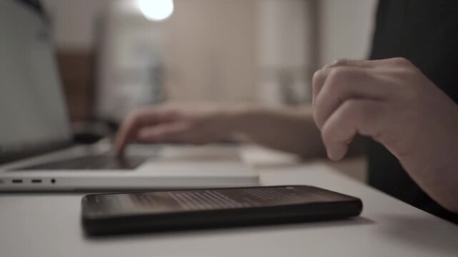 Multitasking Man Browsing Smartphone While Working on Laptop