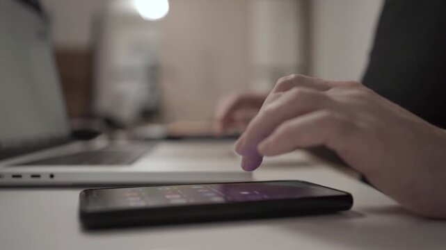 Multitasking Man Browsing Smartphone While Working on Laptop