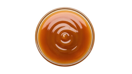 Delicious caramel sauce in glass bowl isolated PNG, sweet dessert topping on transparent background for confectionery and baking use