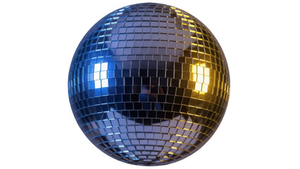 Shiny disco ball isolated PNG on transparent background, mirror ball with blue and gold reflections for party and dance floor decoration