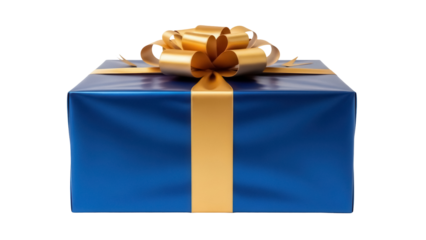 Blue gift box with golden ribbon isolated on transparent background PNG, present for birthday or Christmas celebration