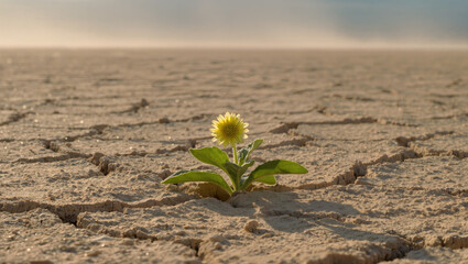 Ultra-photorealistic desert scene with endless cracked earth under harsh sun, centered on a single living flower in sharp focus, symbolizing fragile life against cinematic, documentary-style realism.