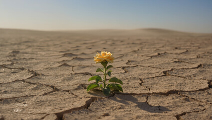 Ultra-photorealistic desert scene with endless cracked earth under harsh sun, centered on a single living flower in sharp focus, symbolizing fragile life against cinematic, documentary-style realism.