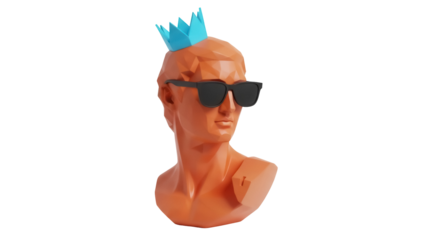 Low poly bust with sunglasses and crown isolated PNG, modern art sculpture on transparent background for graphic design and creative projects