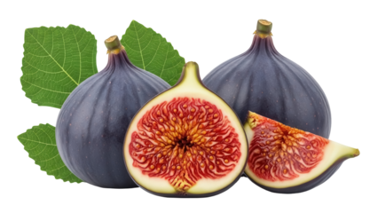 Fresh figs isolated PNG, whole, halved and sliced, with green leaves on transparent background, healthy fruit for food and design use