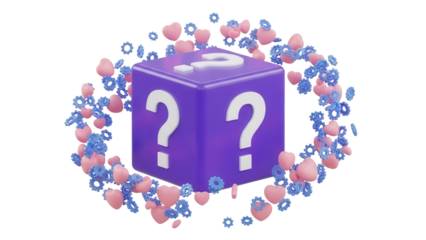 Purple question mark cube PNG isolated on transparent background, surrounded by pink hearts and blue gears, 3D rendering, love and mystery concept