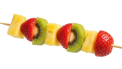 Colorful fruit skewer PNG isolated on transparent background, delicious pineapple strawberry and kiwi pieces on a stick for healthy snack