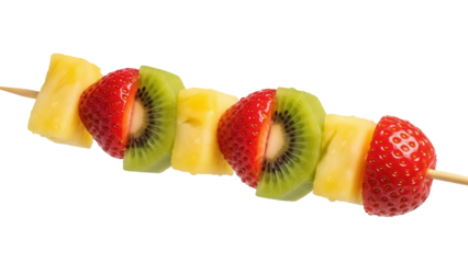 Colorful fruit skewer PNG isolated on transparent background, delicious pineapple strawberry and kiwi pieces on a stick for healthy snack