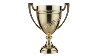Golden trophy cup isolated PNG on transparent background, award prize for winning competition and sports achievement