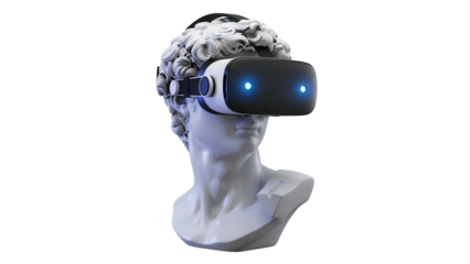 David bust wearing VR headset PNG isolated on transparent background, virtual reality concept for technology and art