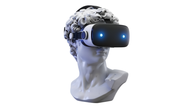 David bust wearing VR headset PNG isolated on transparent background, virtual reality concept for technology and art - Powered by Adobe