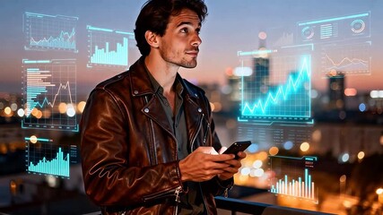 Man viewing data on phone with cityscape - Powered by Adobe