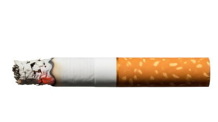 Burning cigarette isolated PNG on transparent background, close-up of tobacco product with ash and smoke for addiction and health concepts © Hans