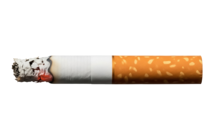 Burning cigarette isolated PNG on transparent background, close-up of tobacco product with ash and smoke for addiction and health concepts