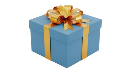 Obraz premium Light blue gift box with golden ribbon and bow isolated PNG, present for birthday or Christmas on transparent background