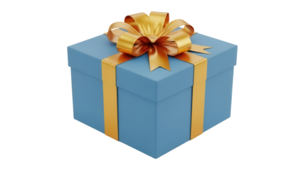 Light blue gift box with golden ribbon and bow isolated PNG, present for birthday or Christmas on transparent background