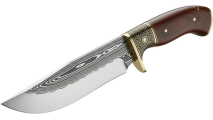 Damascus steel hunting knife isolated PNG, handcrafted blade with wooden handle and brass bolster for outdoor adventures and survival