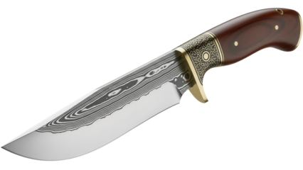 Damascus steel hunting knife isolated PNG, handcrafted blade with wooden handle and brass bolster for outdoor adventures and survival