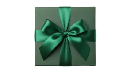 Green gift box with ribbon and bow isolated PNG, present for Christmas or birthday on transparent background