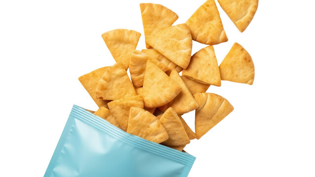Golden pita chips spilling from a blue bag isolated PNG, crunchy baked snack for healthy eating and party appetizers