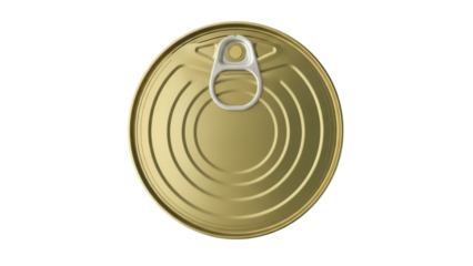 Gold metal food can with pull tab isolated PNG, canned goods packaging for grocery store and kitchen use on transparent background