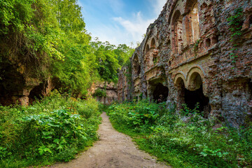 Ancient brick walls of Tarakaniv Fort stand as historical ruins, with lush green vegetation reclaiming structures and creating a path through the overgrown architectural reminder of the past © haidamac