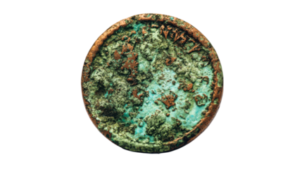 Ancient roman coin displaying verdigris patina, history and past civilizations, transparent background
