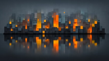 Cityscape with buildings lit up in orange and yellow. The image has a moody and urban feel to it