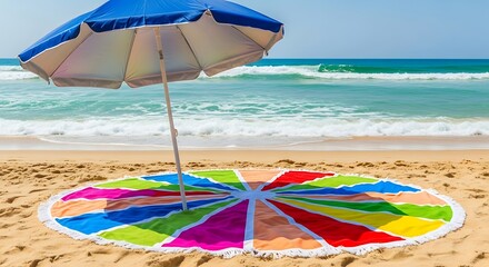 Colorful beach blanket and umbrella await beachgoers on a sunny day.