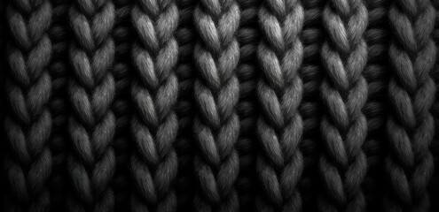 Close up of a black knit sweater. The sweater is made of a black yarn and has a very intricate design